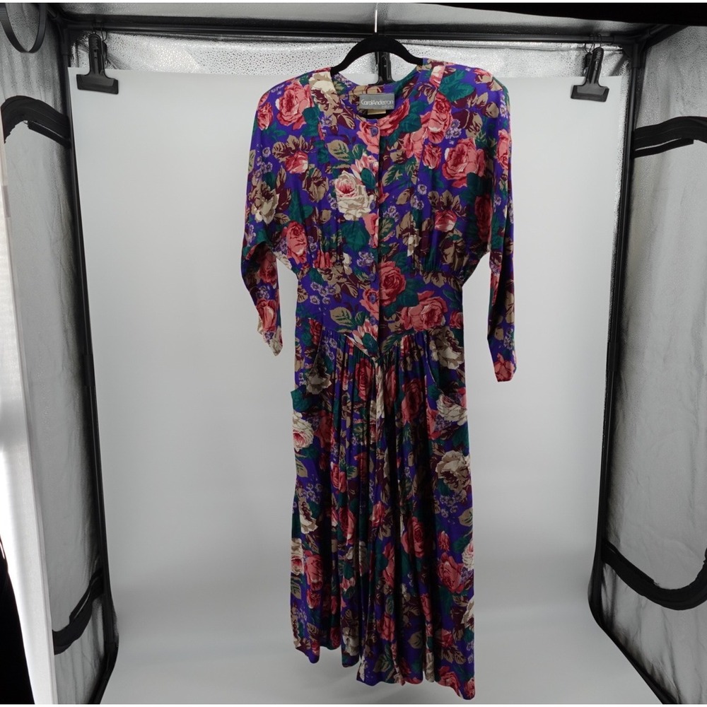 Carol‎ Anderson Vintage Purple Floral Midi Dress Button Front Pockets 80s USA